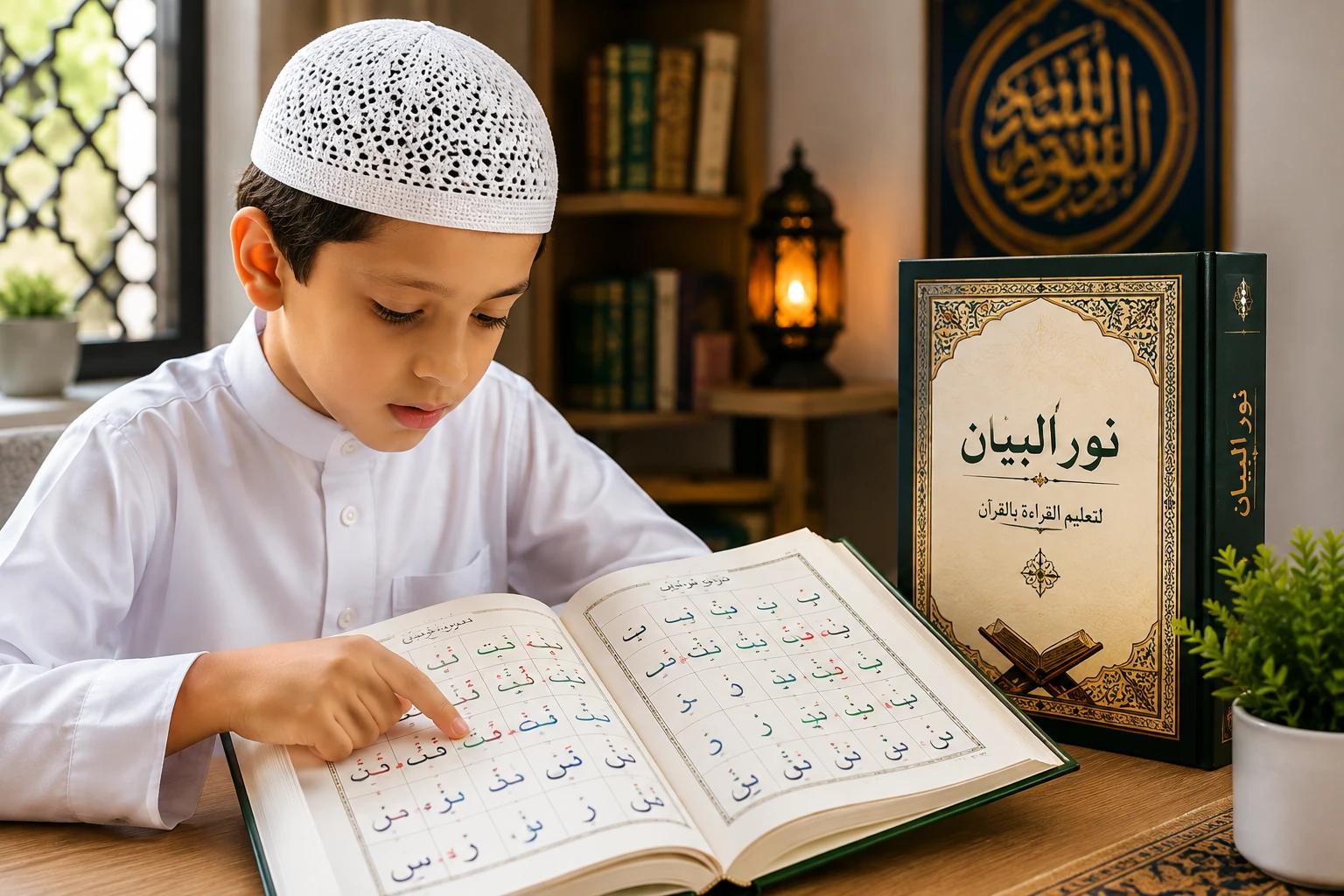 A boy points at a grid of joined Arabic letter forms in an open Noor Al-Bayan primer, the hardback edition upright behind it