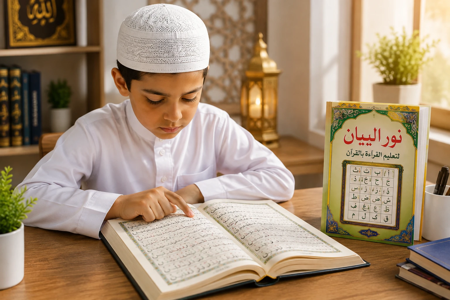 A boy reads an open Mushaf at a desk beside a Noor Al-Bayan cover showing the Arabic alphabet chart