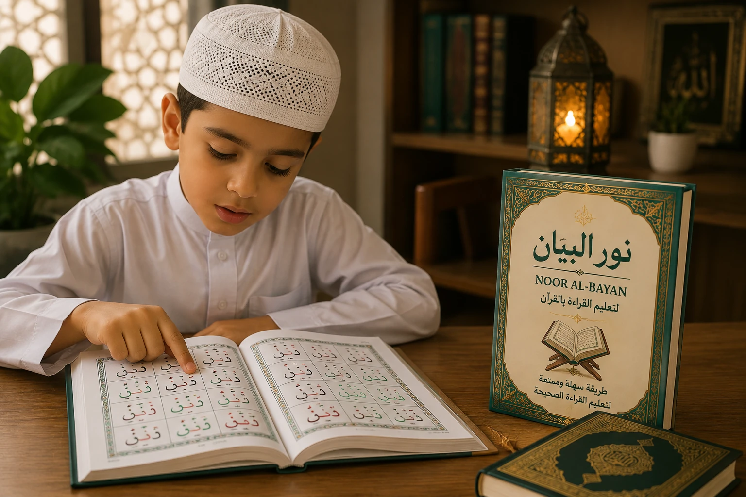A boy traces colour-coded Arabic letters in an open Noor Al-Bayan workbook, the book's green cover standing beside him
