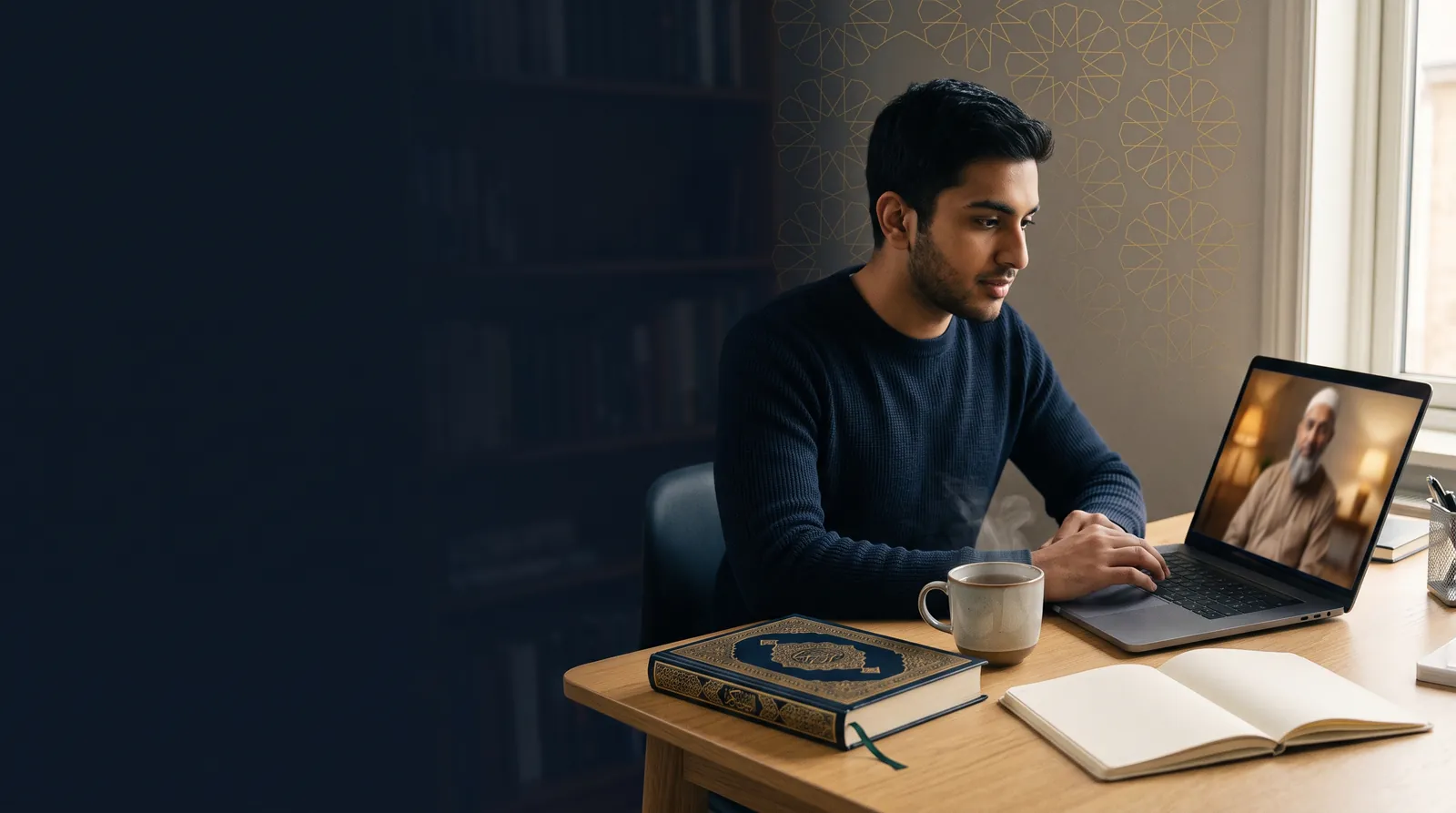 Learner studying the Quran with an online teacher on a laptop, beside a Quran and a cup of tea