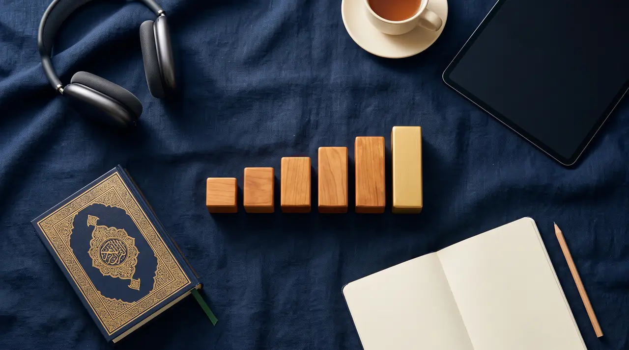 Overhead view of a Quran, notebook, headphones and wooden blocks rising in steps, showing gradual progress in Quran learning