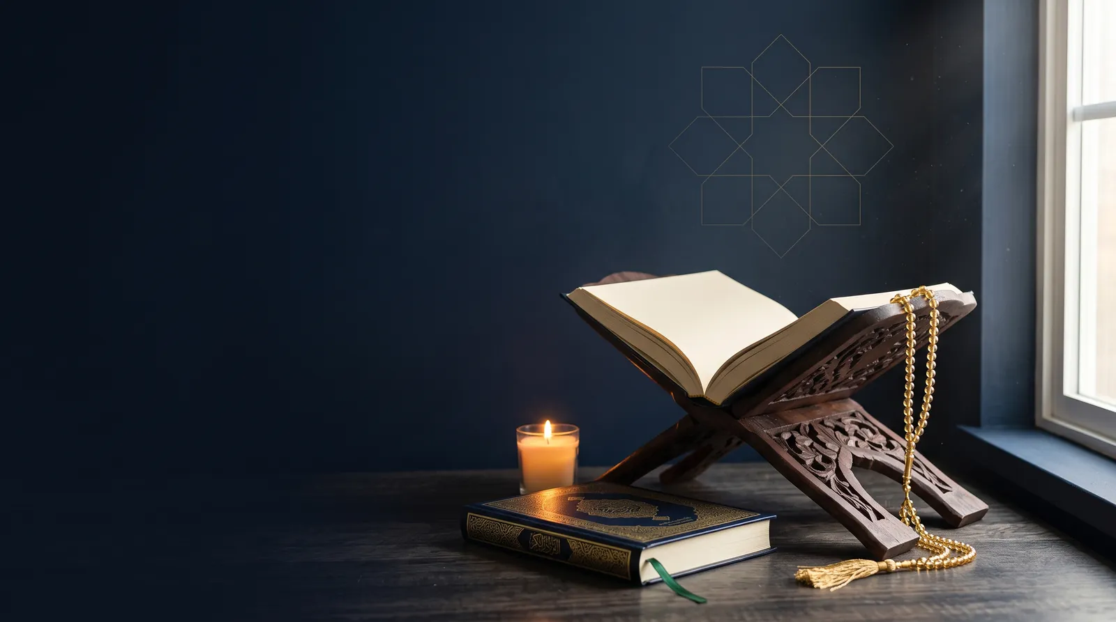 Quiet dawn study corner with an open Quran on a carved rehal, a lit candle and gold prayer beads, beneath a gold geometric wall pattern