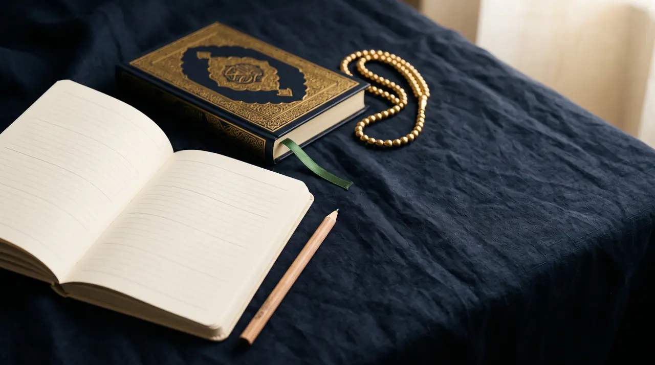 Open notebook with blank ruled pages, a pencil and gold prayer beads on navy cloth beside a closed navy-and-gold Quran
