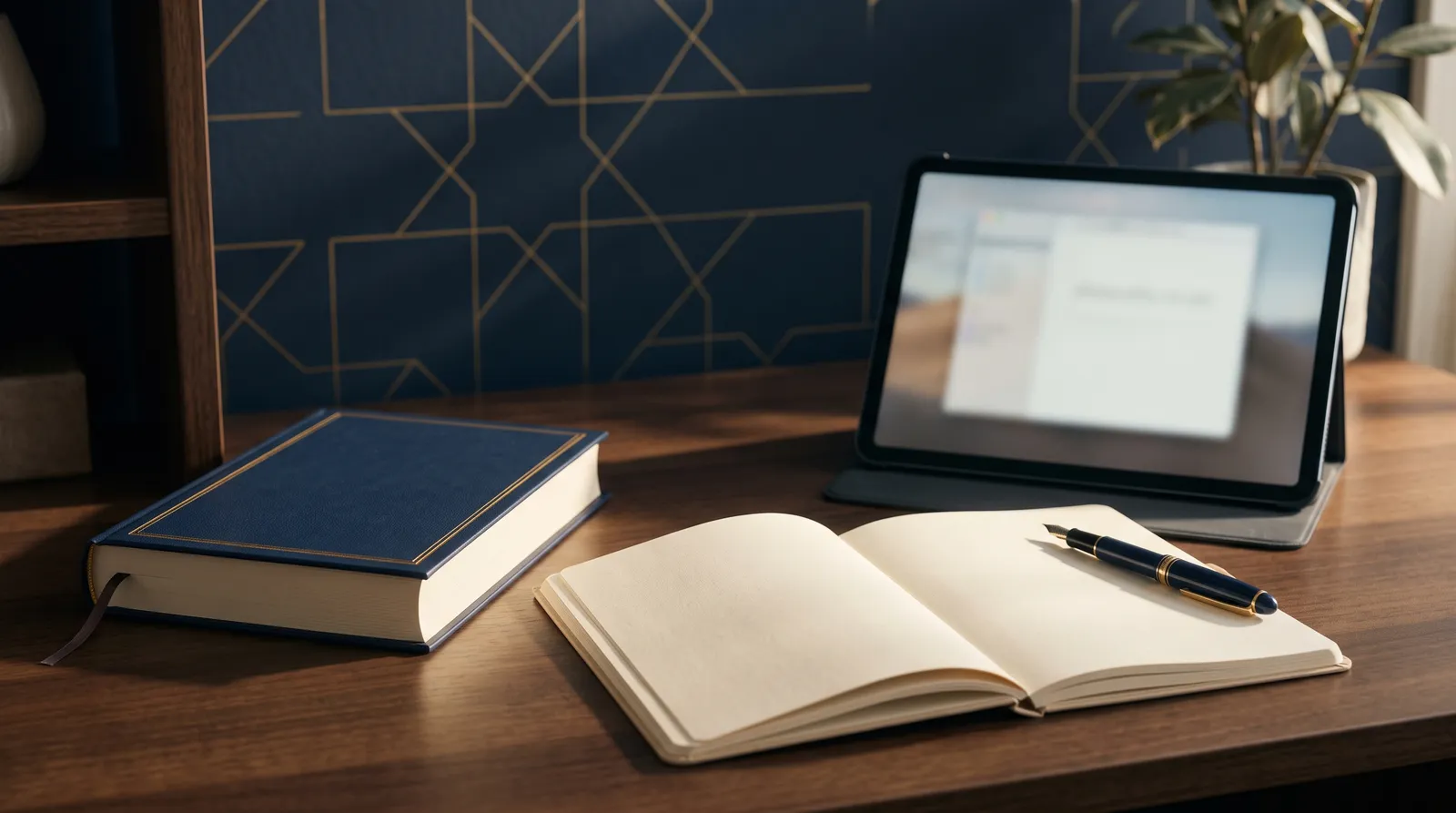 Study desk with a closed Quran, a blank notebook, a fountain pen, and a tablet in front of a navy wall with gold geometric patterns