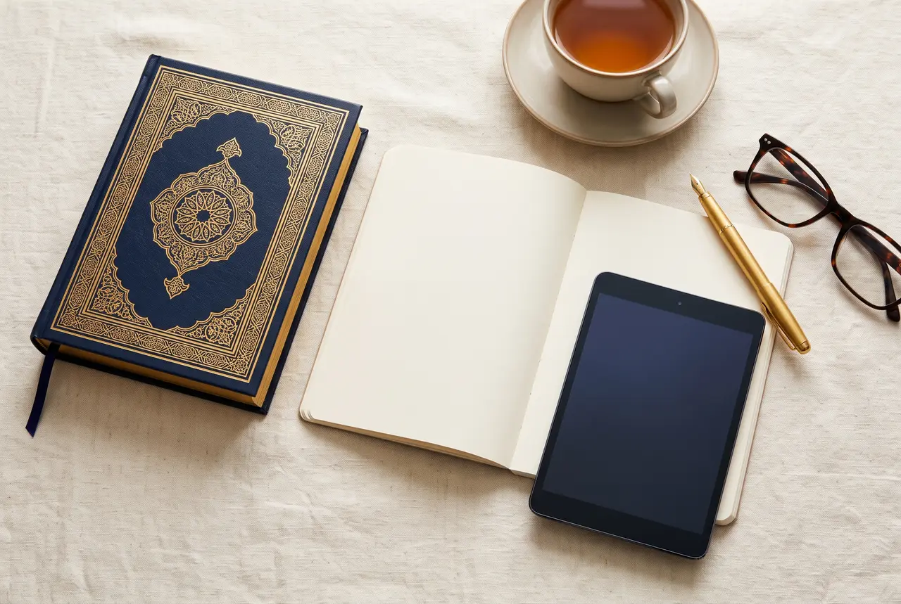 Top-down view of a closed Quran, an open blank notebook, a tablet, a pen, reading glasses, and a cup of tea on a cream cloth
