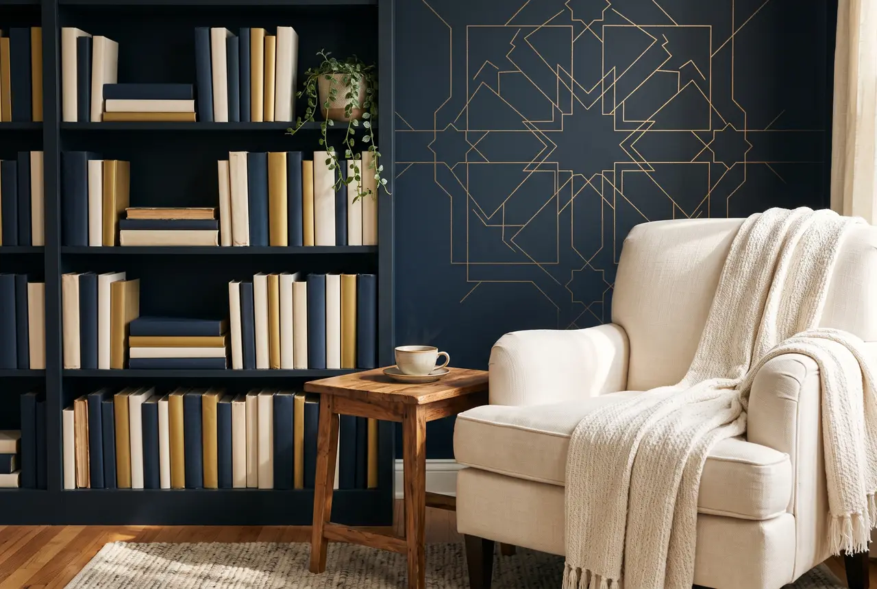 Home reading corner with a cream armchair, a wooden side table with tea, and a bookshelf in front of a navy wall with gold geometric patterns