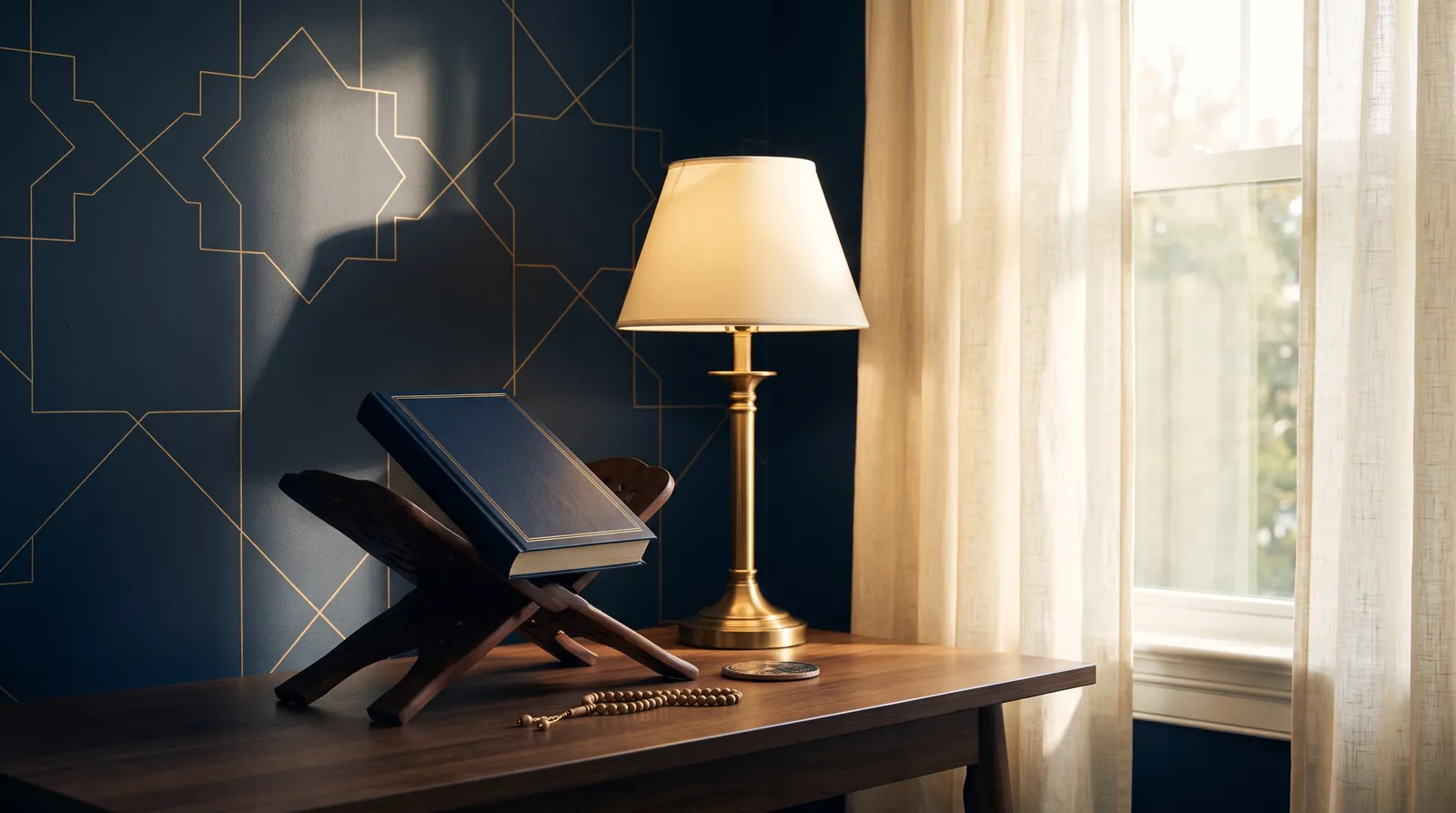 Calm study room with a closed Quran on a wooden reading stand beside a navy wall with gold geometric patterns and a brass lamp