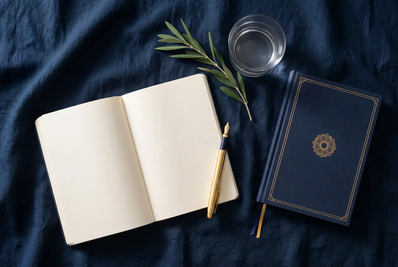 Top-down view of an open blank notebook, a gold pen, a sprig of greenery, a glass of water, and a closed navy Quran on navy cloth
