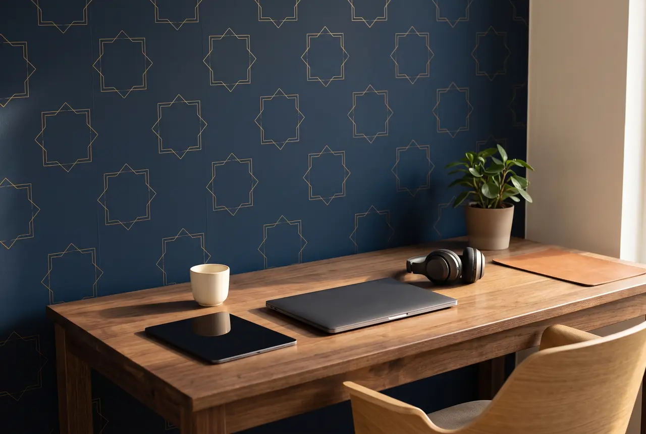 Wooden study desk with a closed laptop, a cup, headphones, and a plant in front of a navy wall with gold star patterns