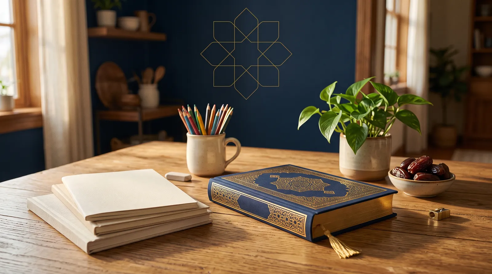 Wooden kitchen table with a closed Quran, a stack of blank notebooks, colored pencils, a potted plant, and dates in front of a navy wall with gold geometric patterns