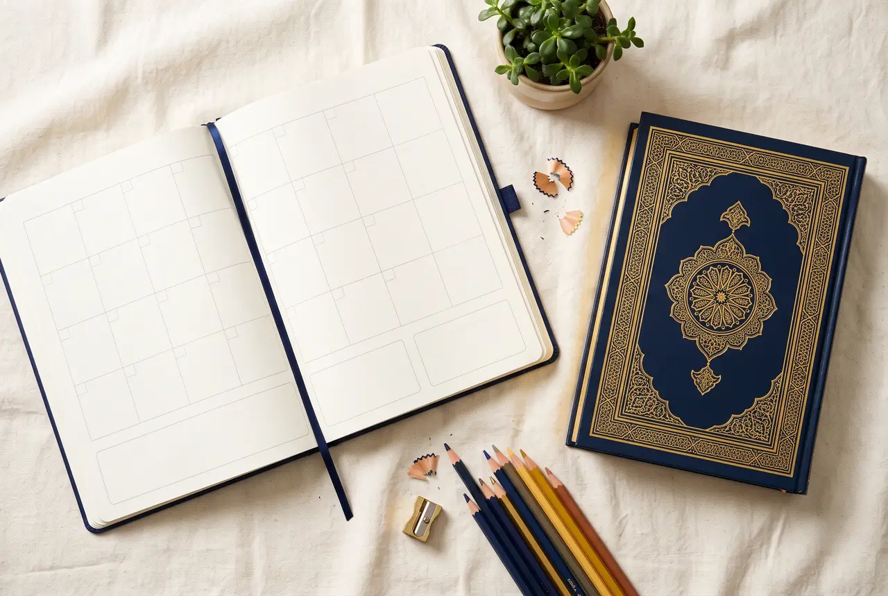 Top-down view of a blank weekly planner, colored pencils, a small green plant, and a closed Quran on a cream cloth