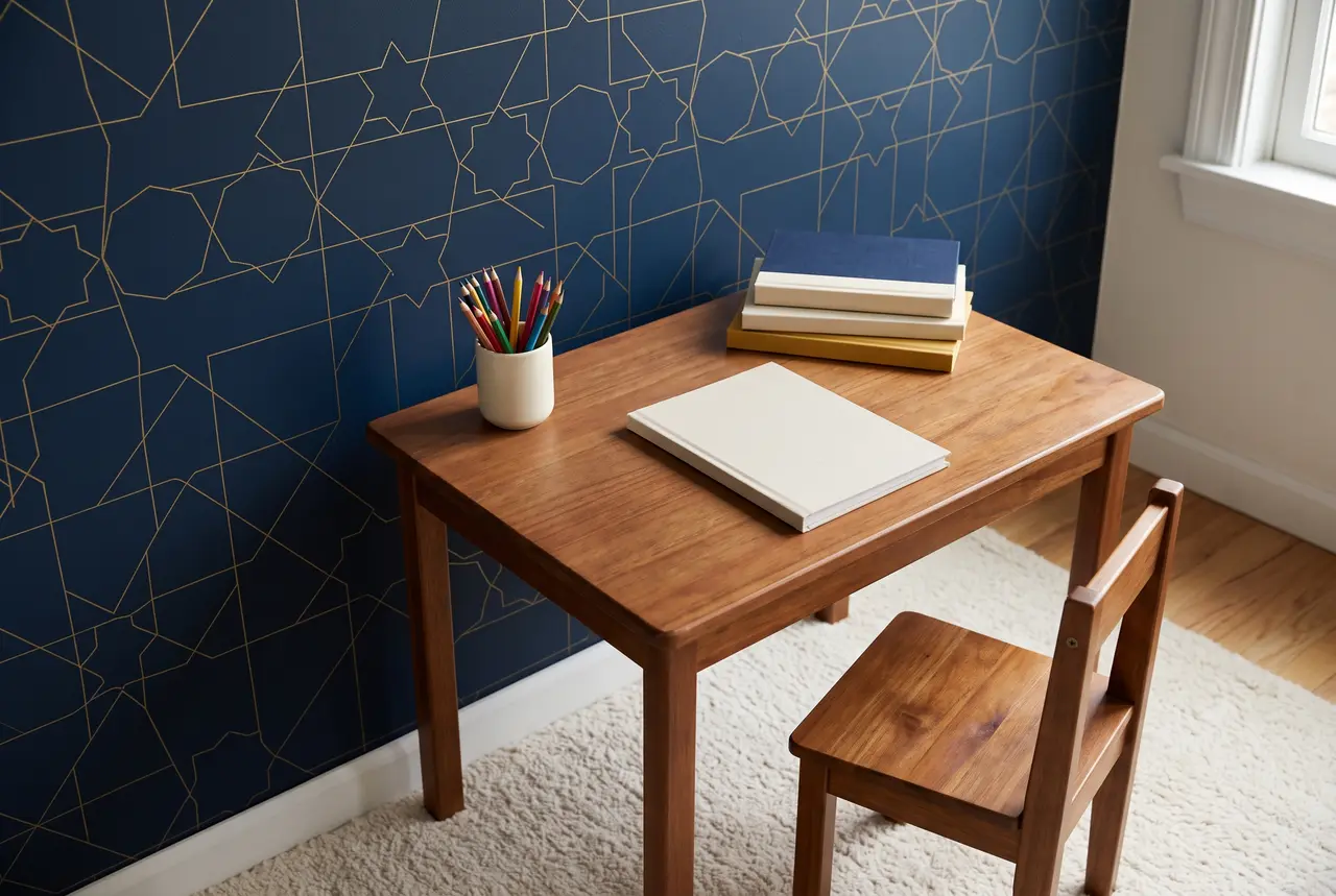 A child's wooden study desk with a blank sketchbook, pencils, and picture books in front of a navy wall with gold geometric lines