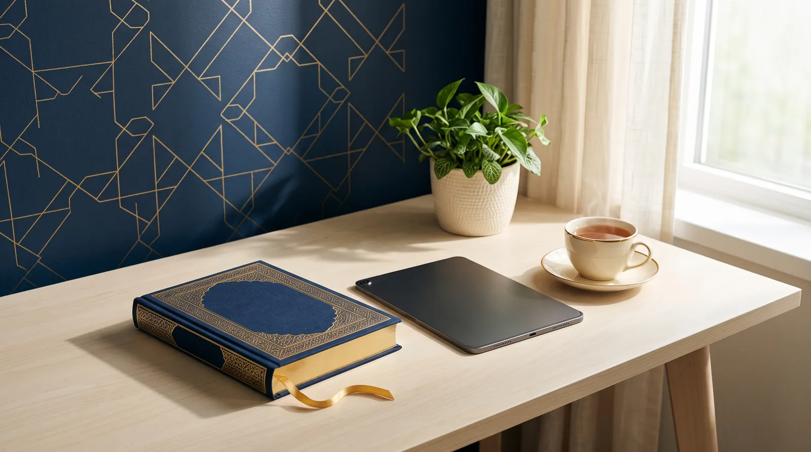 A calm study corner by a window with a closed Quran on a cream desk, a face-down tablet, a cup of tea, and a navy wall with gold geometric patterns