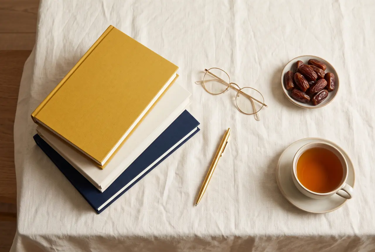 Top-down view of three closed books with plain covers, reading glasses, a gold pen, a dish of dates, and a cup of tea on a cream cloth