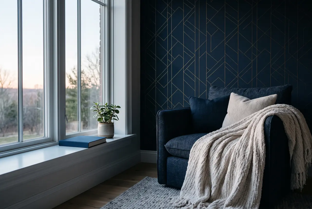 Reading seat by a tall window at dawn with a closed navy book on the sill, a navy armchair with a cream throw, and a navy wall with gold geometric lines