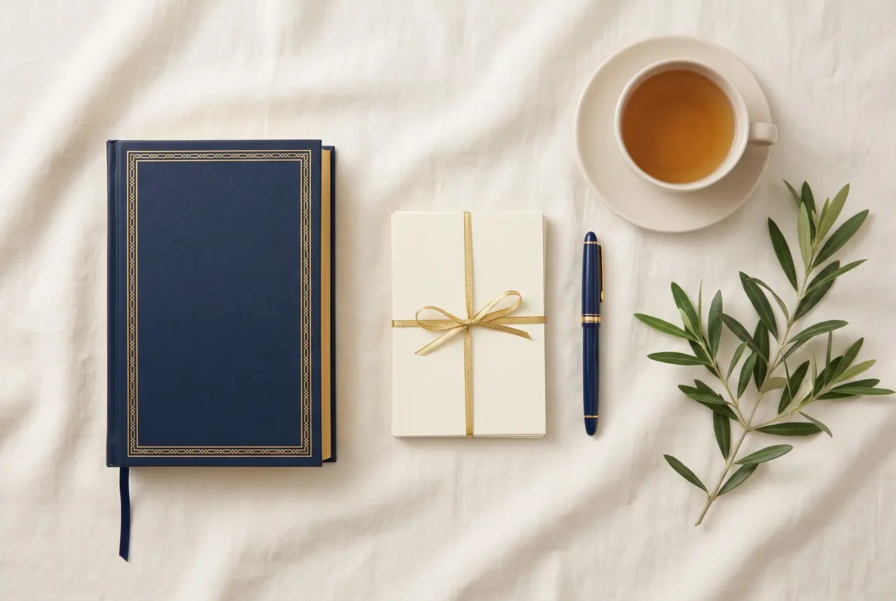 Top-down view of a stack of blank index cards tied with gold ribbon, a navy notebook, a pen, a cup of tea, and a sprig of green leaves on cream linen