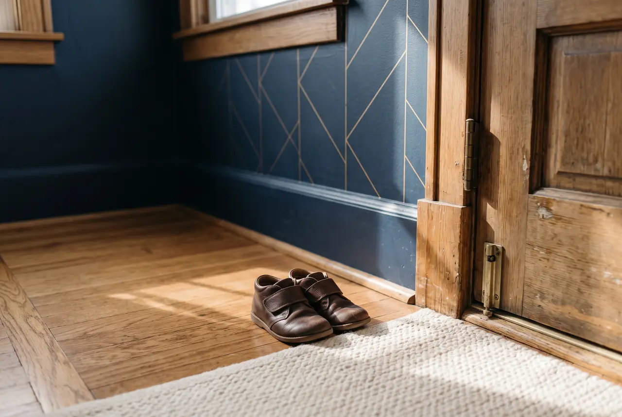 A pair of brown leather children's shoes beside a wooden doorway on a warm wooden floor, in front of a navy wall with gold geometric lines