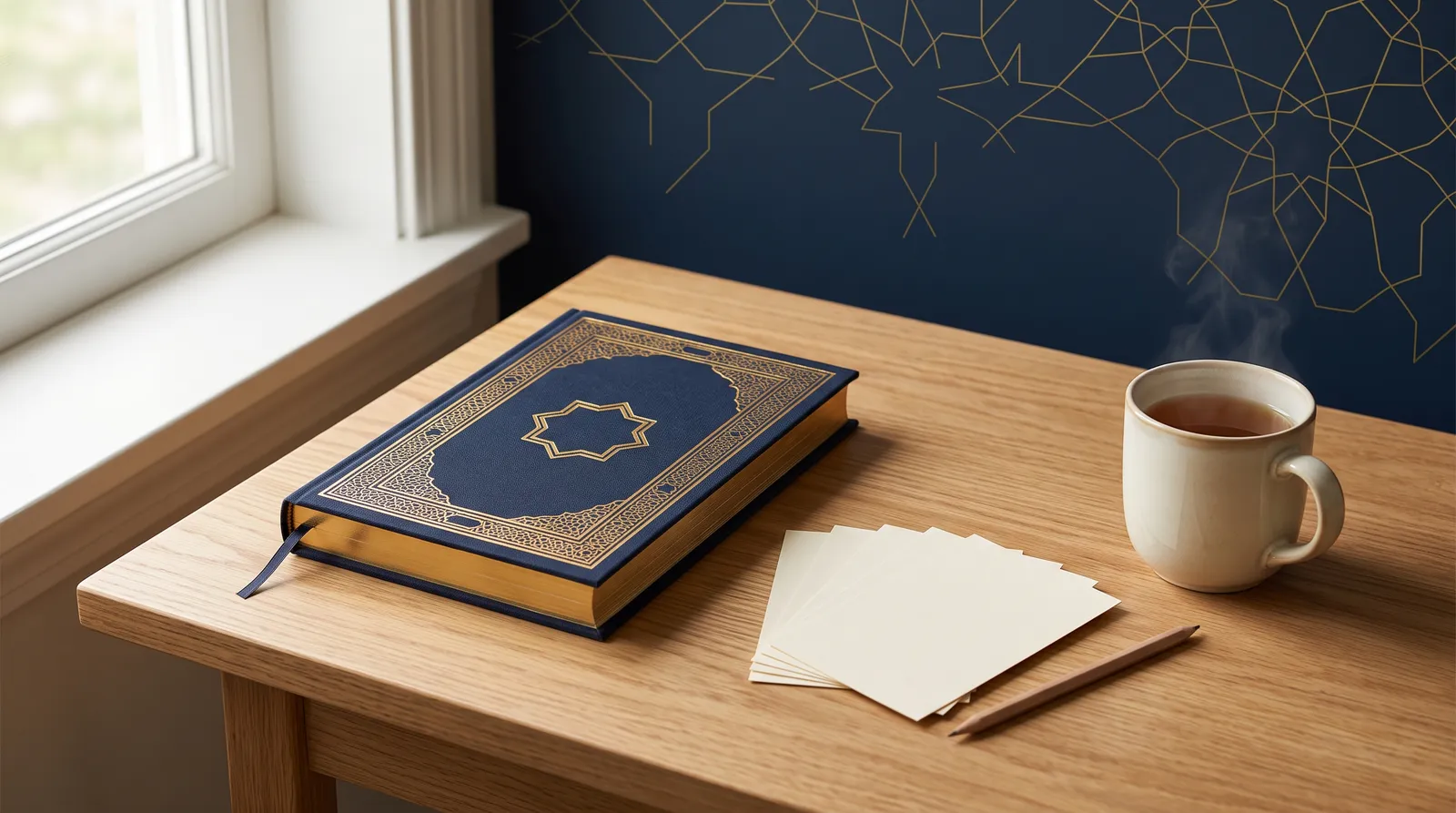 A calm study corner with a closed Quran on a wooden desk beside blank flashcards, a mug of tea, and a navy wall with gold geometric patterns