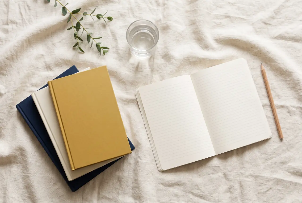 Top-down view of a stack of plain-covered books, an open blank notebook, a pencil, a sprig of greenery, and a glass of water on cream linen