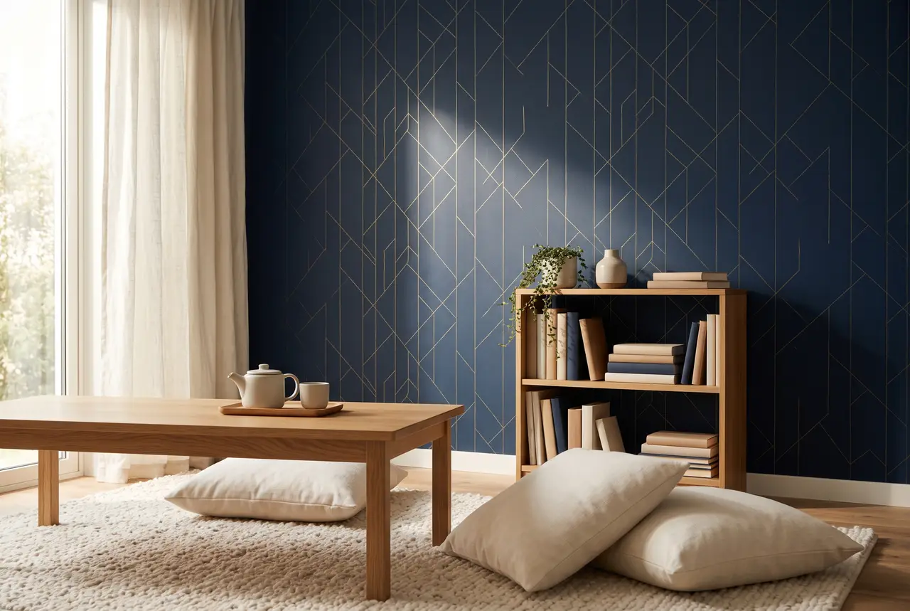 A bright study room with a low wooden table, two cream cushions, a small bookshelf, and a navy wall with gold geometric lines