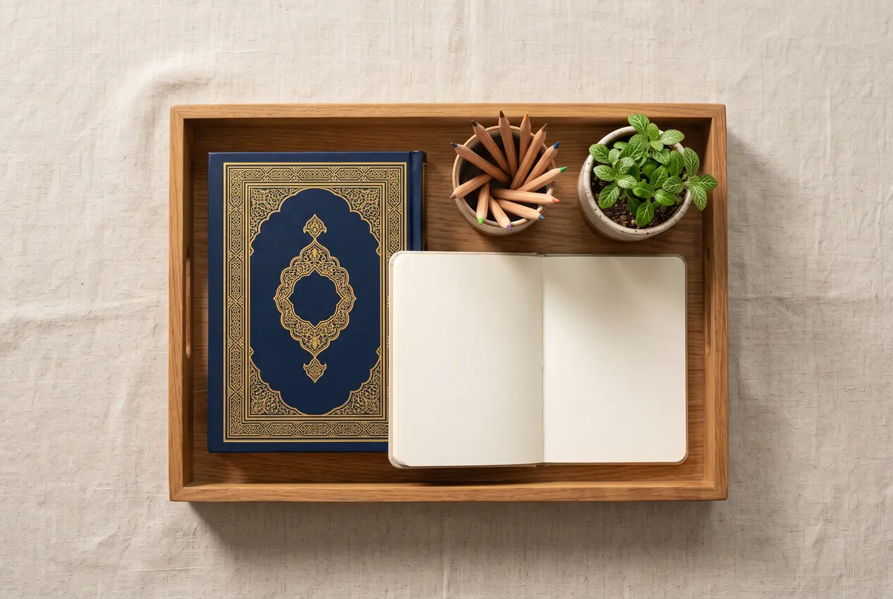 Top-down view of a wooden tray with a closed navy Quran, a blank sketchbook, a small potted plant, and a cup of colored pencils on cream linen