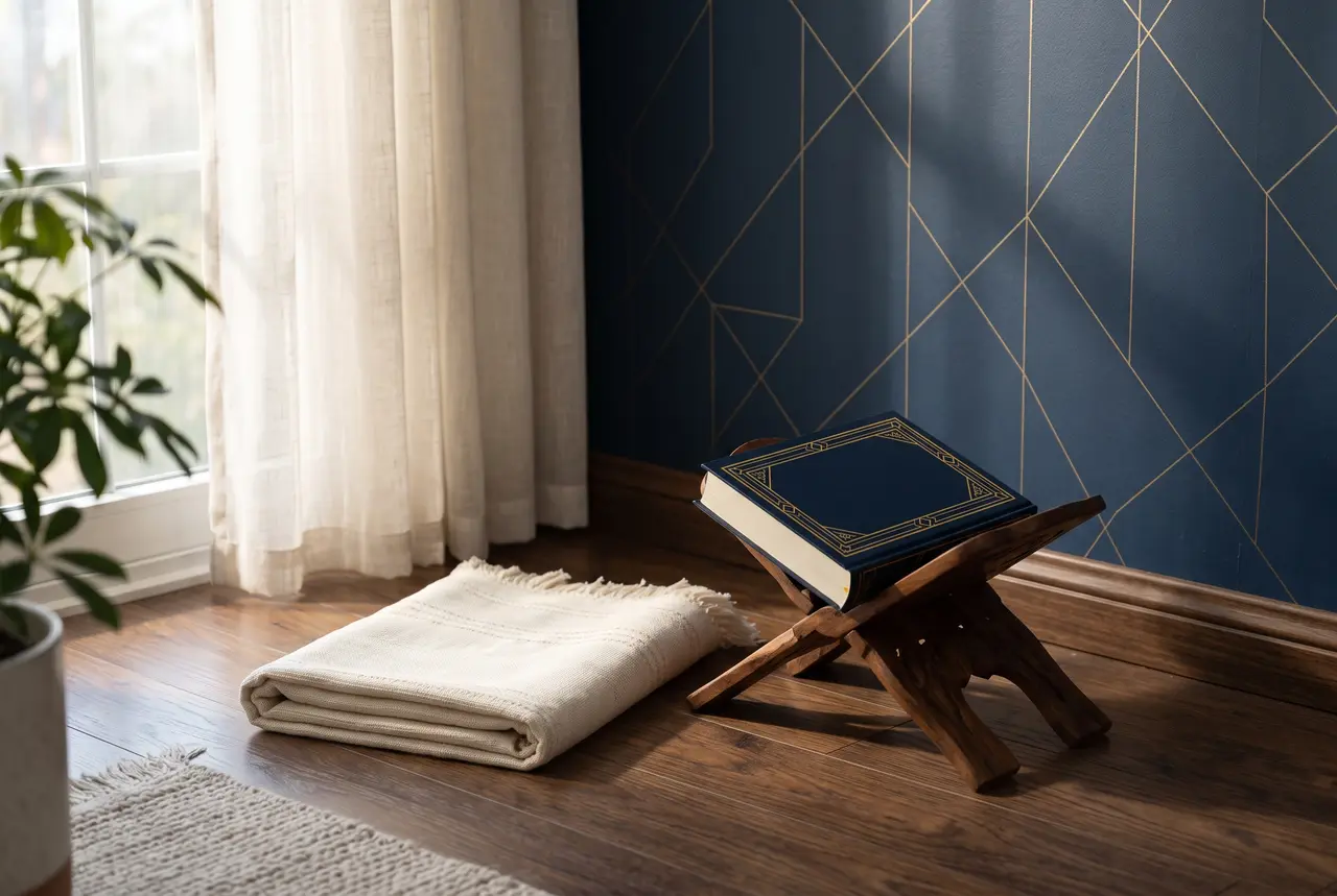 A folded cream prayer mat beside a wooden Quran stand with a closed Quran, a window with sheer curtains, and a navy wall with gold geometric lines