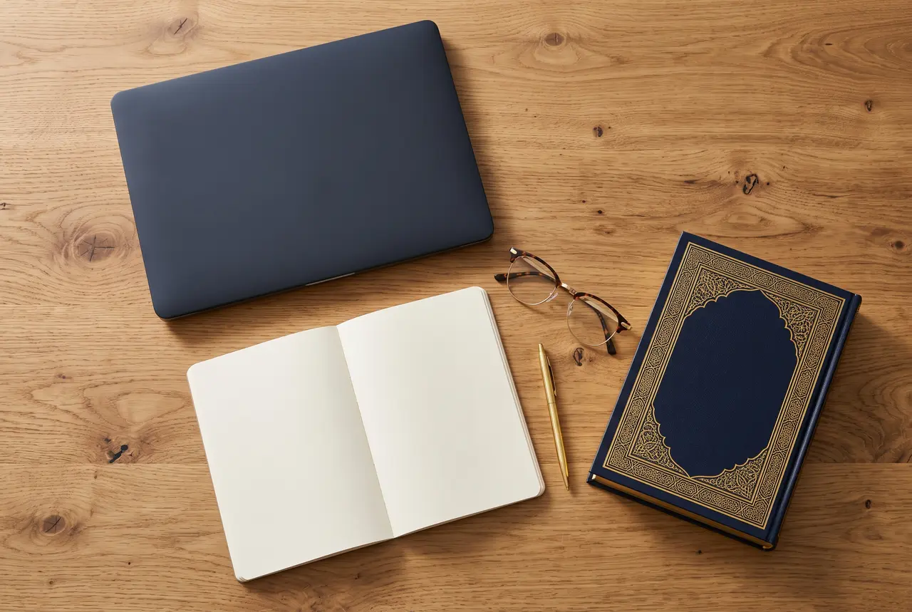 Top-down view of a closed laptop, an open blank notebook, a gold pen, and a closed navy Quran on a warm wooden table
