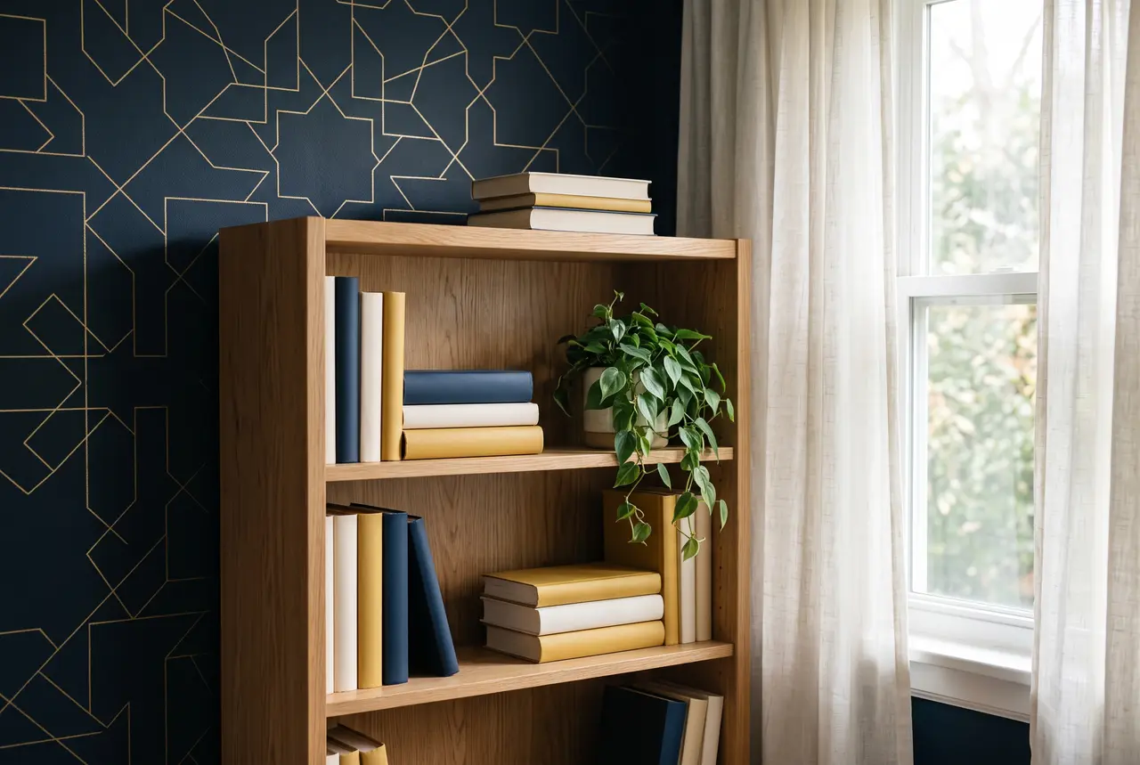 A wooden bookshelf with plain-spined books and a potted plant beside a window, in front of a navy wall with gold geometric lines