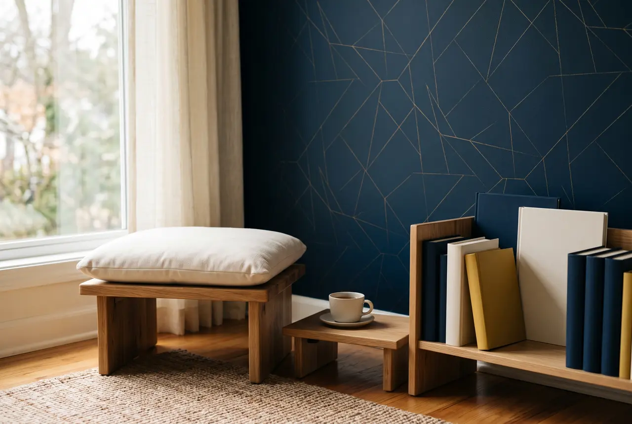 A cushioned reading stool beside a window, a bookshelf of closed plain books, and a navy wall with gold geometric lines