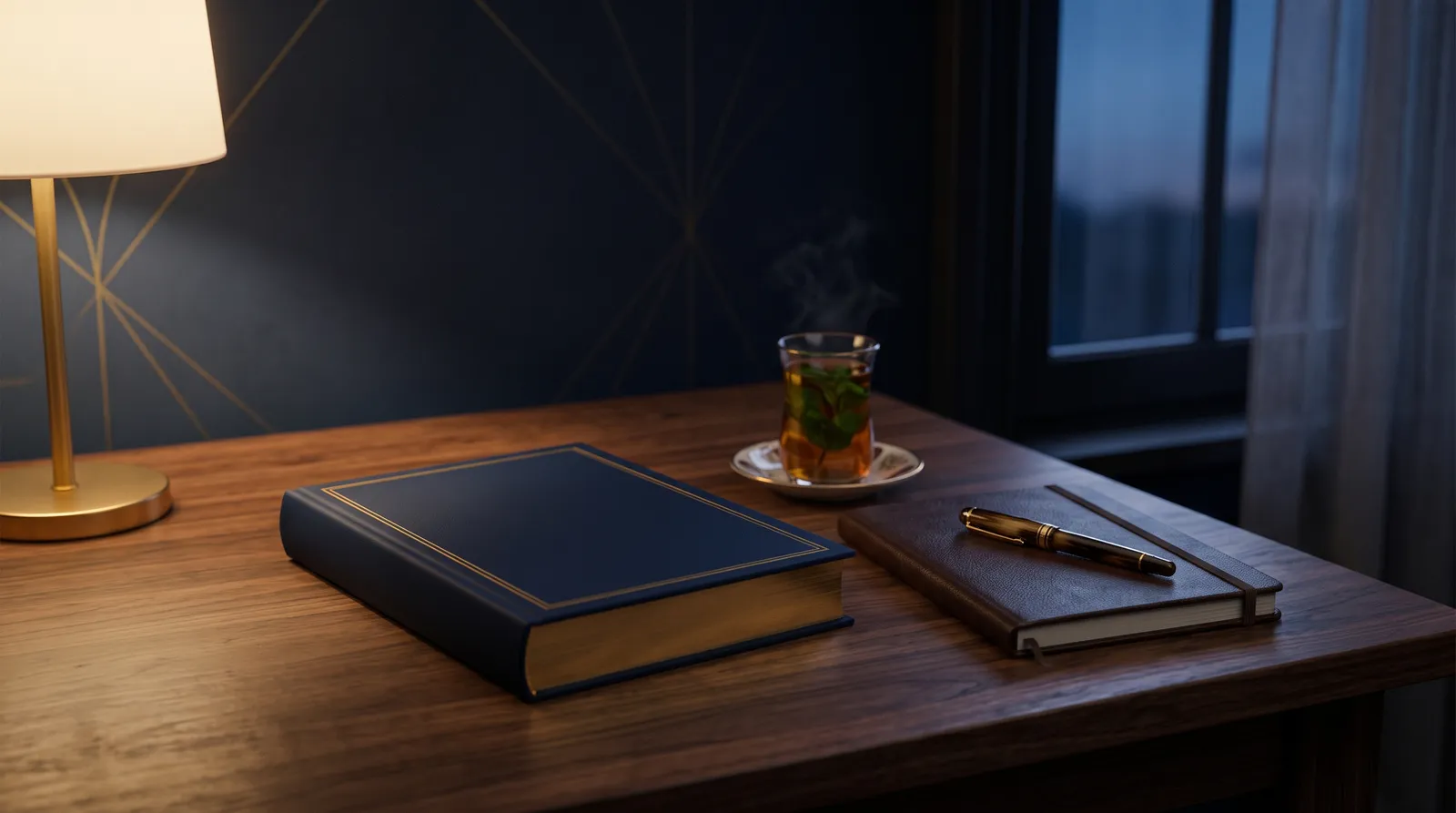 Closed navy book, a fountain pen on a notebook, and a glass of mint tea on a walnut desk beside a warm lamp at dusk
