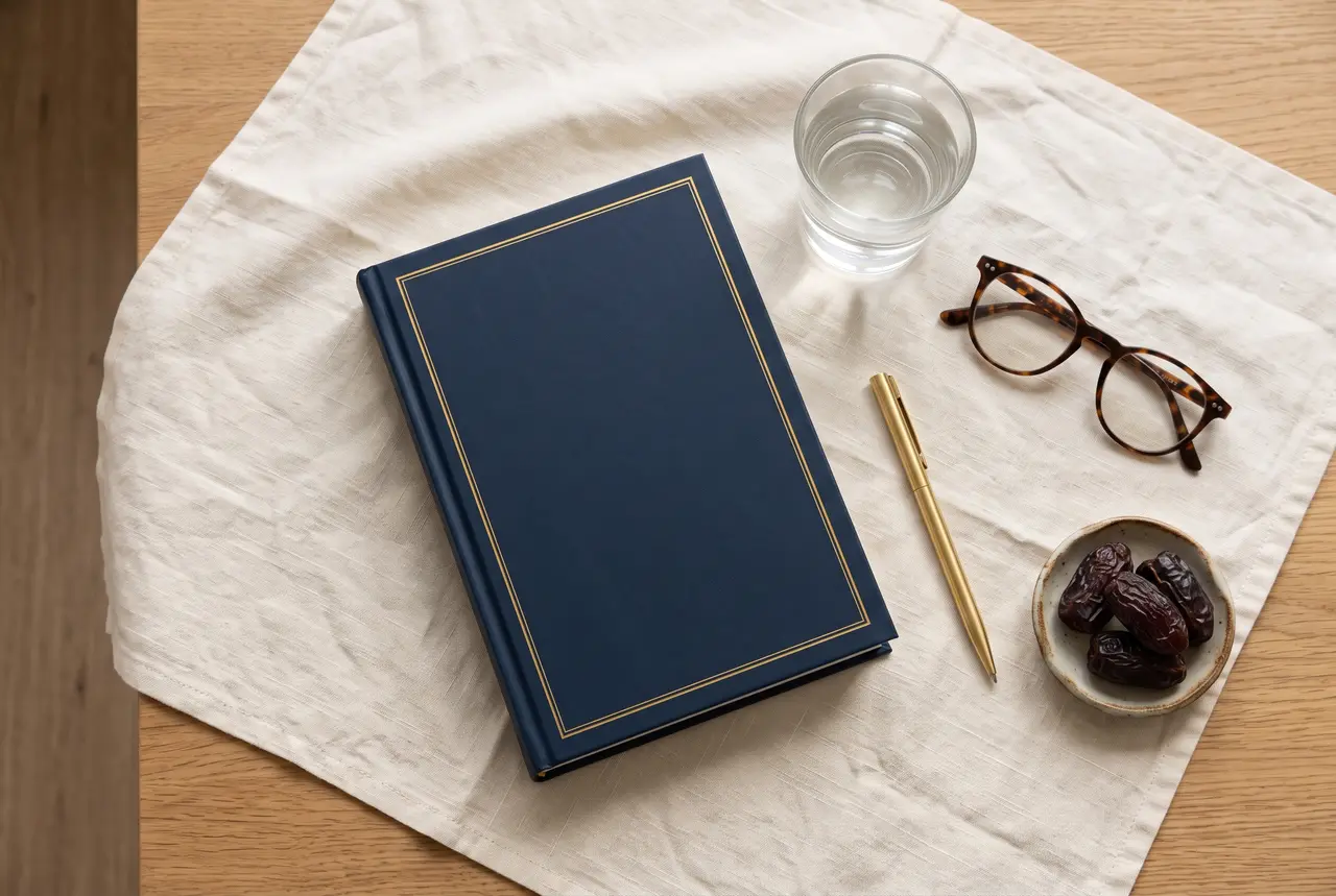 Top-down view of a folded cream cloth with a closed navy book, a gold pen, a glass of water, reading glasses, and a dish of dates