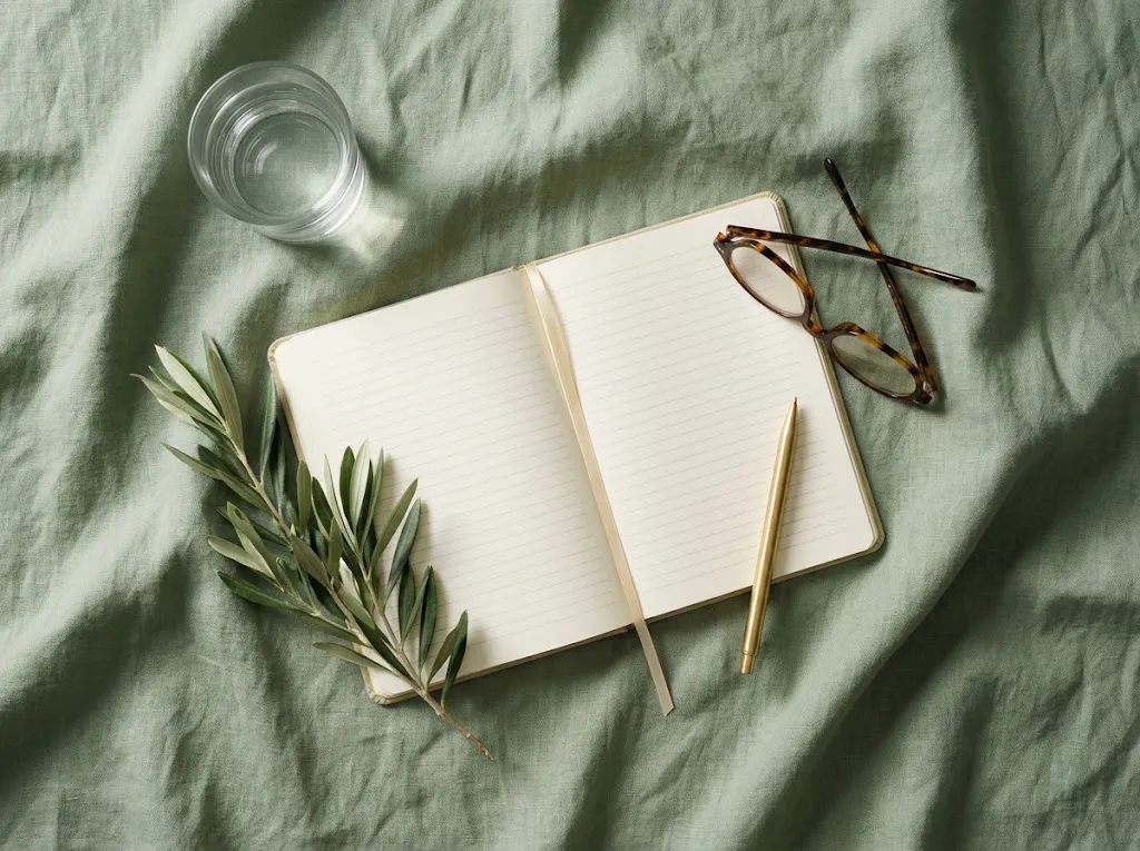 Overhead view of an open blank journal, an olive sprig, a brass pen, and reading glasses on sage-green linen