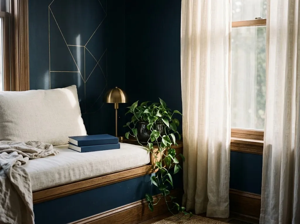 Quiet navy window seat with gold geometric line-art, a cream cushion, stacked navy books, and a brass lamp