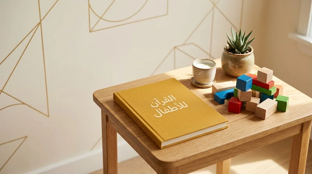 Mustard-covered notebook with an Arabic title on a bright oak table beside colorful wooden blocks