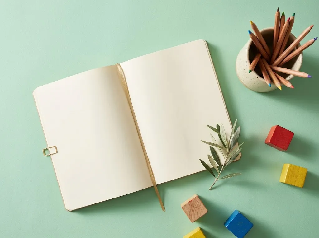 Overhead view of a blank open sketchbook, a cup of colored pencils, wooden blocks, and an olive sprig on mint paper