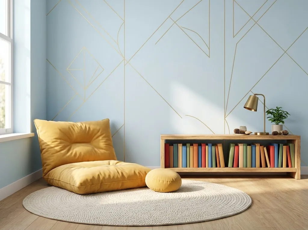 Bright reading corner with a sky-blue wall, gold line-art, a yellow floor cushion, and a row of colorful books
