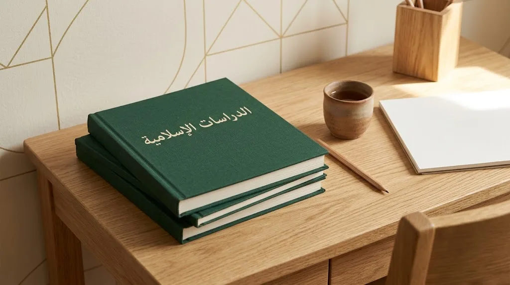 Rounded hero of forest-green hardcover books with an Arabic title on a light oak desk beside a tea cup and pencil