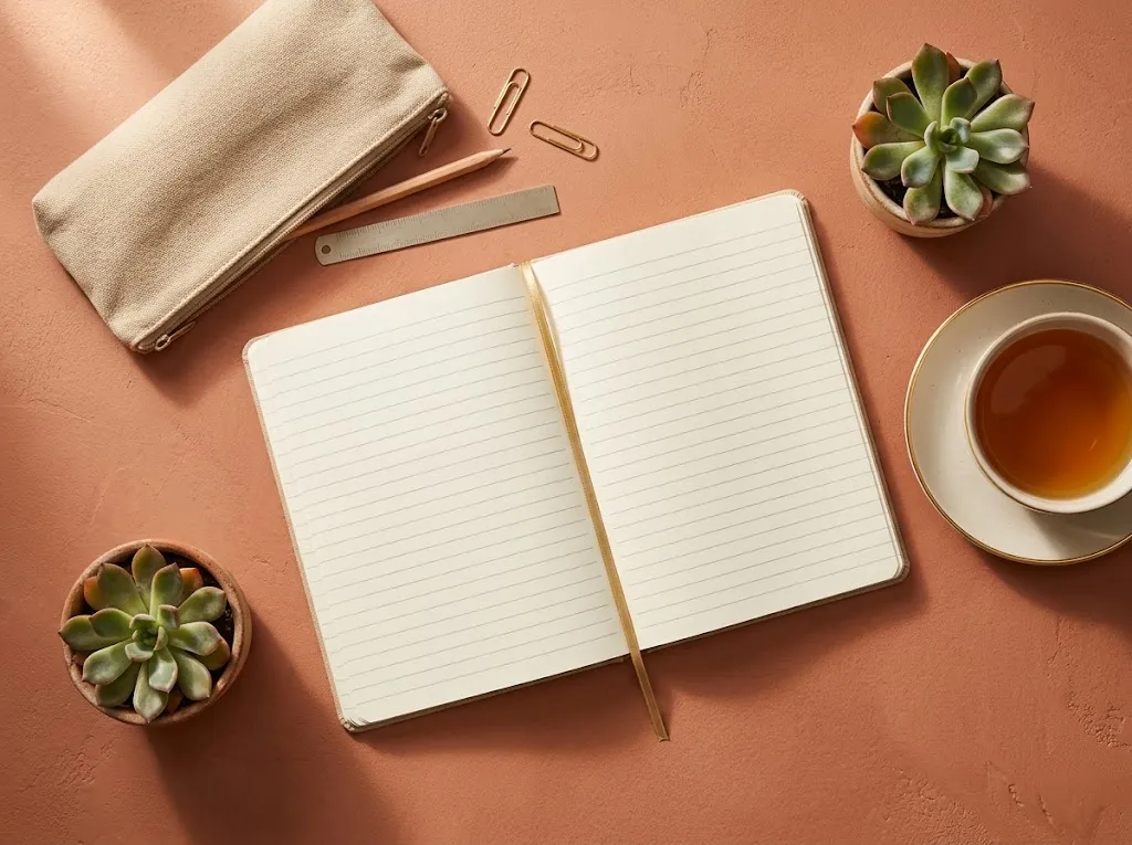 Overhead view of a pencil case, a pencil, an open blank notebook, a small plant, and a tea cup on terracotta