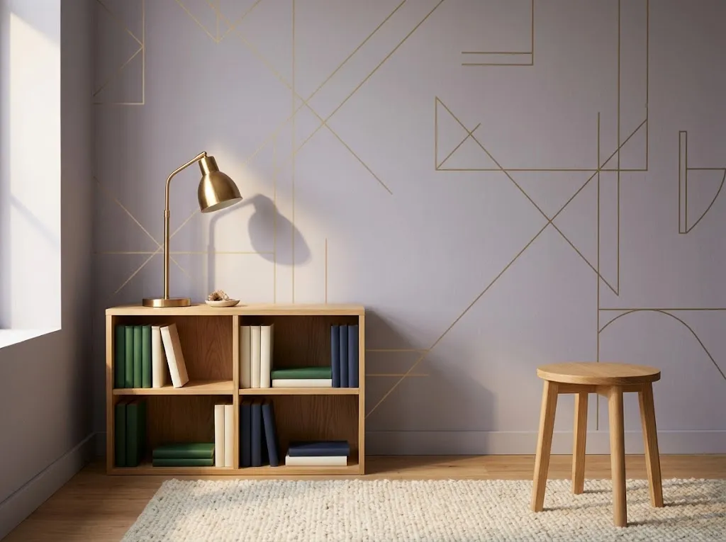 Study corner with a lavender-gray wall, gold line-art, a light oak shelf of colorful books, and a brass lamp
