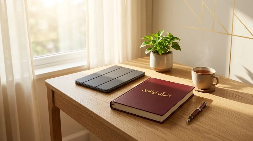 Oxblood leather notebook with a gold Arabic title on a light oak desk beside a closed tablet, a plant, and a cup of tea