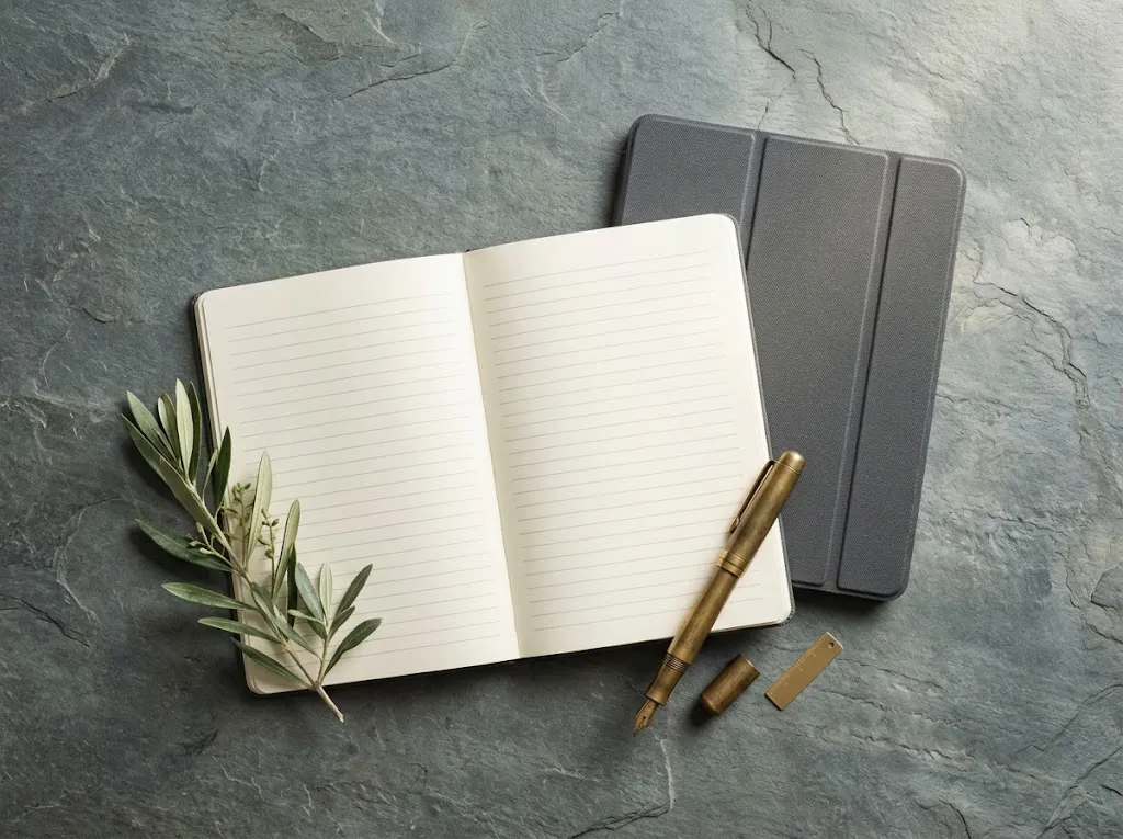 Overhead view of slate grey stone with an open blank notebook, a grey tablet case, a brass fountain pen, and an olive sprig