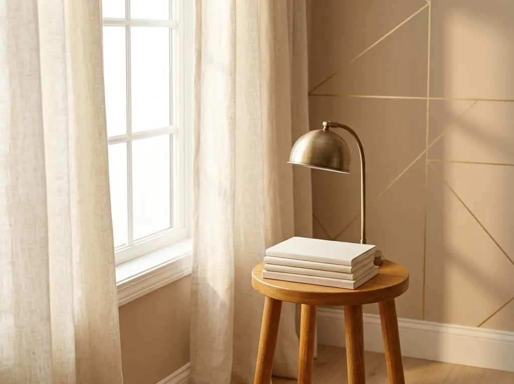 Warm window nook with cream linen curtains, a wooden stool, a brass lamp, and blank notebooks against a beige wall