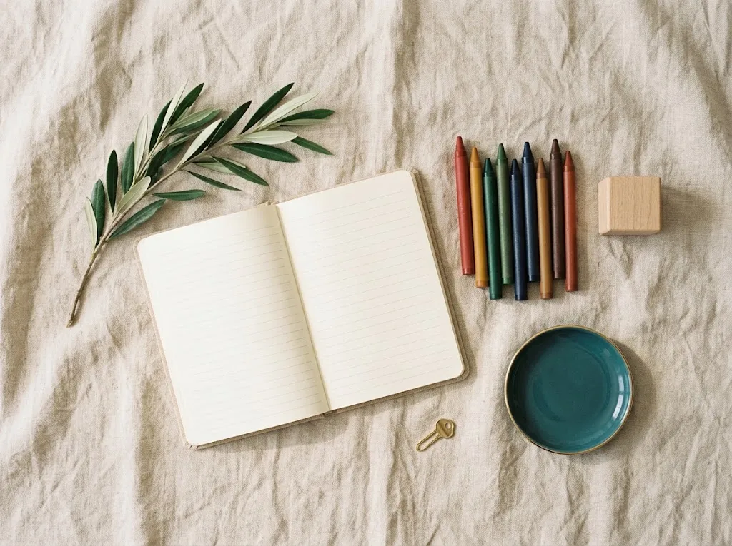 Overhead view of sand linen with an open blank notebook, a row of wax crayons, a wooden block, an olive sprig, and a teal dish