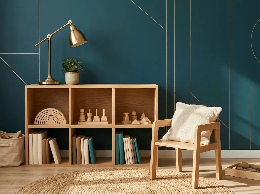 Children's learning corner with a deep teal wall, gold line-art, a wooden shelf of toys and books, a small chair, and a brass lamp