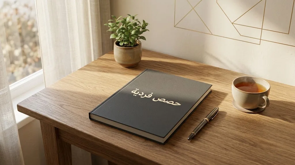 Charcoal hardcover notebook with an Arabic title on a warm oak desk by a window, beside a closed pen, a small plant, and a cup of tea