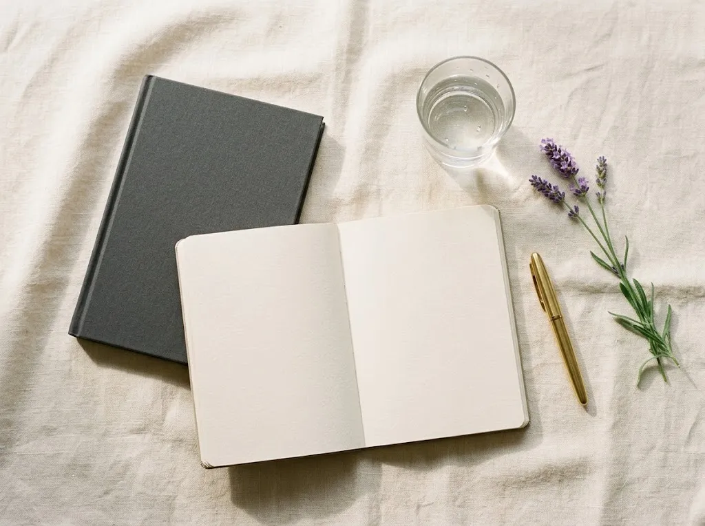 Overhead view of a charcoal notebook, an open blank page, a gold pen, a glass of water, and a lavender sprig on ivory linen