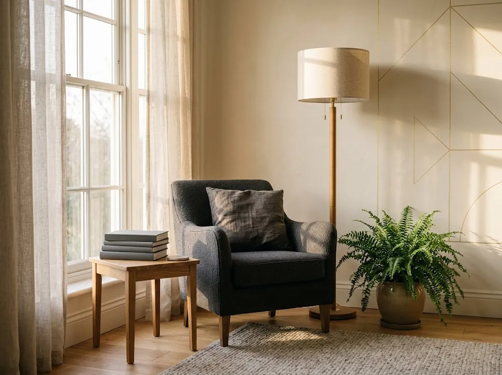 Reading armchair in charcoal fabric by a tall window, with a wooden floor lamp, a potted fern, and blank books on a side table