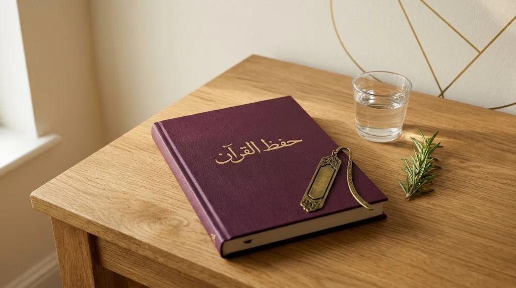 Plum notebook with an Arabic title on a light oak desk, beside a brass bookmark, a glass of water, and a rosemary sprig