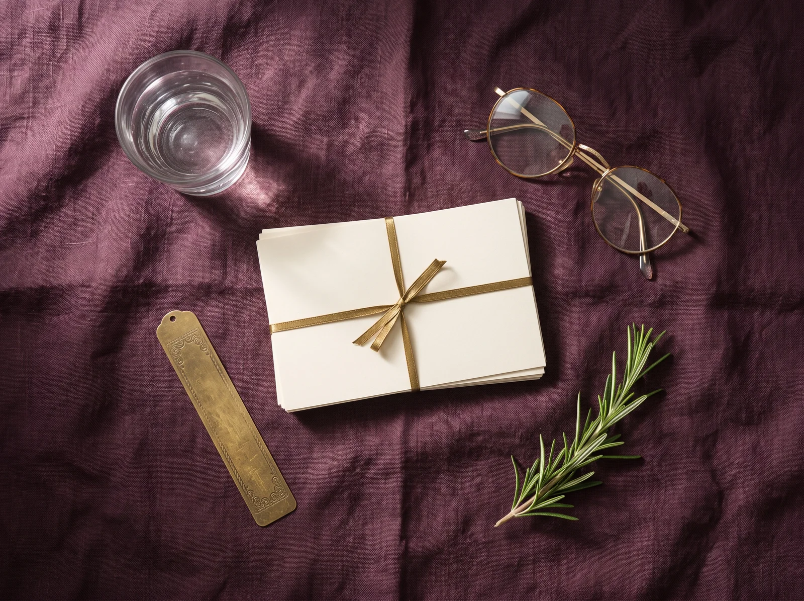 Overhead view of plum linen with cream index cards tied by a brass ribbon, a brass bookmark, reading glasses, and rosemary