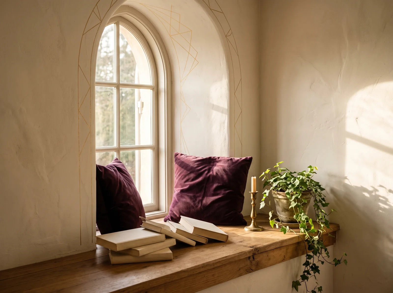 Arched window with a wooden reading ledge, a plum velvet cushion, a brass candle holder, blank books, and a trailing plant
